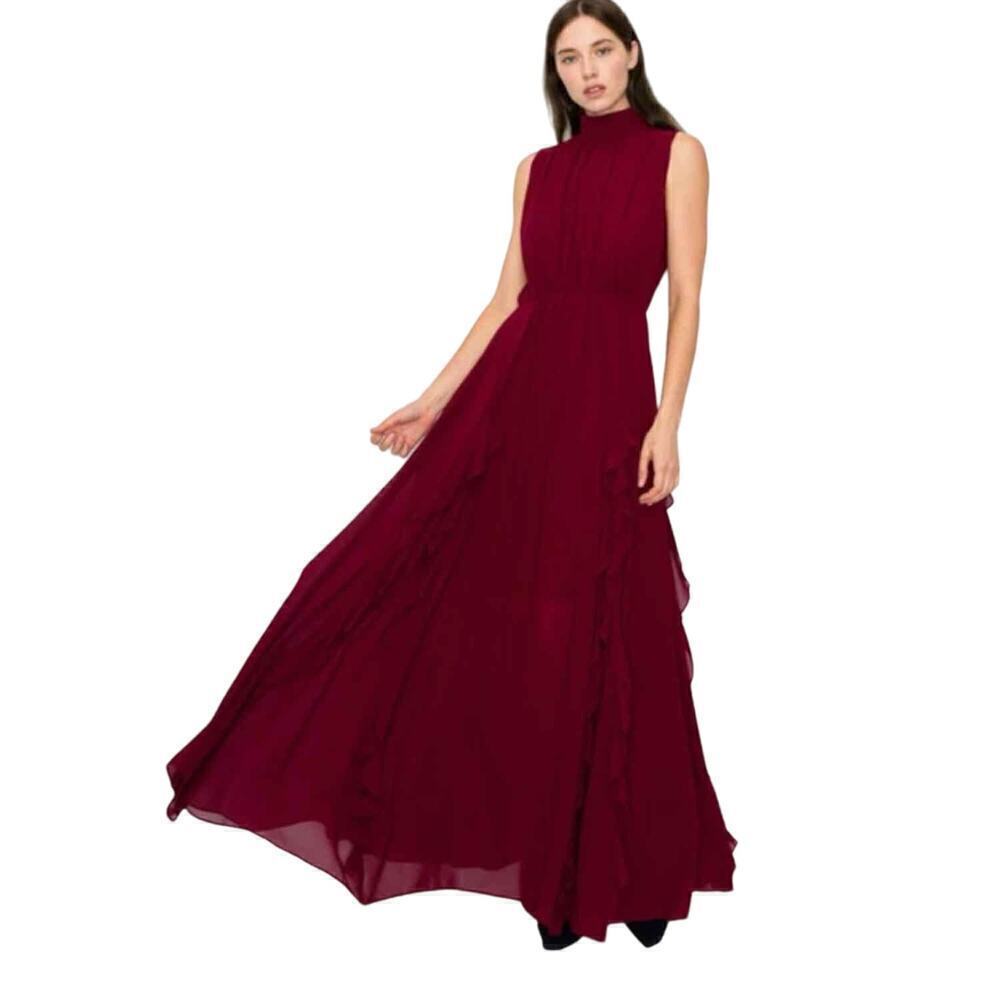 Melloday Mock Neck Ruffle Formal Party Maxi Dress Burgundy Size Small